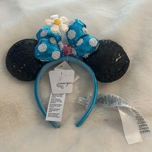 NWT Disney Headband Sequin Blue and white polka dot bow and black Minnie Ears